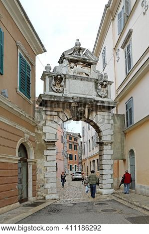 Rovinj, Croatia - October 15, 2014: Arch Balbi Old City Gate Entrance Historic Landmark In Rovinj, C