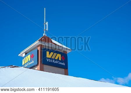 Ottawa, Ontario, Canada - February 25, 2021: Signs For The Fallowfield Via Rail Canada Station In Ot