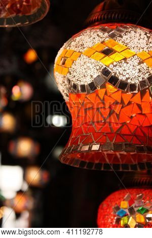Folkloristic Colorful Glass Mosaic Lamp In The Dark Of A Sarajevo Market
