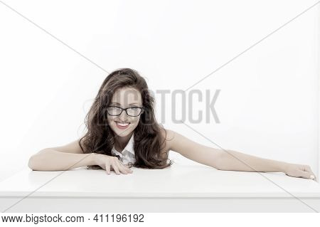 Business Success. Smiling Woman With Long Curly Hair. Smart Teacher Isolated On White. Student At Ta