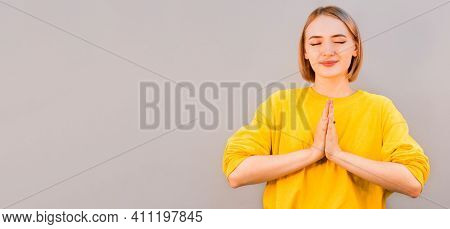 Namaste Peace Your House. Relaxed Peaceful Charming Friendly European Girl Press Palms Together Budd