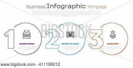 Set Line Bulletproof Vest, Dynamite Bomb And Military Rank. Business Infographic Template. Vector