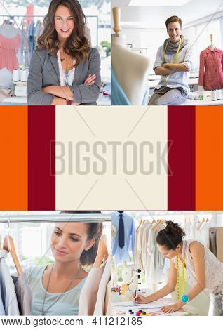 Composition of four photos of male and female fashion designers with copy space in middle. creative business concept digitally generated image.