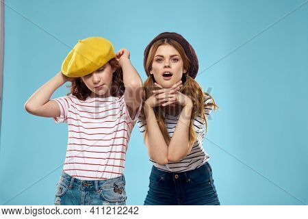 Funny Mom And Daughter Fashion Studio Lifestyle Fun Blue Background Family