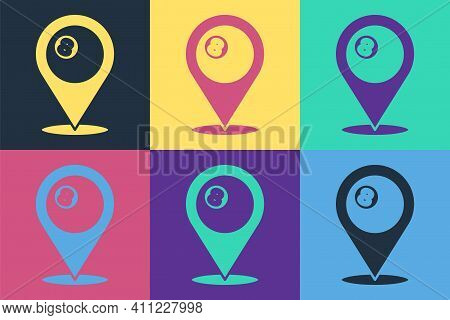 Pop Art Map Pointer With Billiard Pool Snooker Ball With Number 8 Icon Isolated On Color Background.