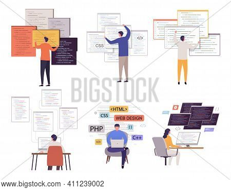 Programmer Working On Web Development With Many Open Programm Windows. Set Of Programmers Men And Wo