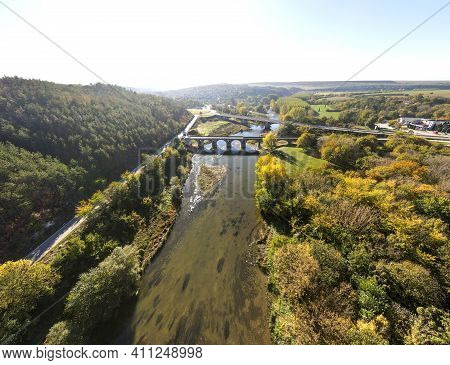 Aerial Panorama Of Nineteenth-century Bridge Over The Yantra River, Known As The Kolyu Ficheto Bridg