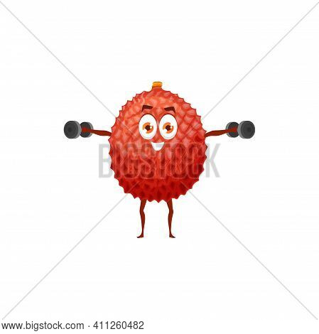 Lychee, Fruit On Gym Workout, Healthy Food Fitness And Sport, Vector Cartoon Character. Tropical Fru