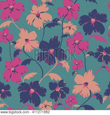 Vector Seamless Pattern With Vivid Blooming Abstract Flowers. Exuberant Blossom Design.