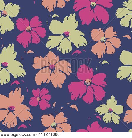 Vector Seamless Pattern With Vivid Blooming Abstract Flowers. Exuberant Blossom Design.