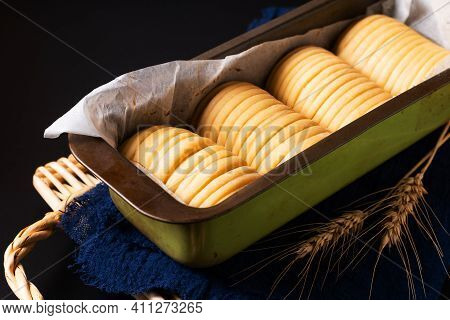 Food Concept Spot Focus Dough Of Homemade Organic Wool Soft Milk Bread On Black Background With Copy