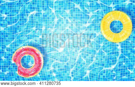 Swimming Pool With Two Floating Rings, Caustic Ripple And Sunlight Glare Effect. Aquatic Surface Wit