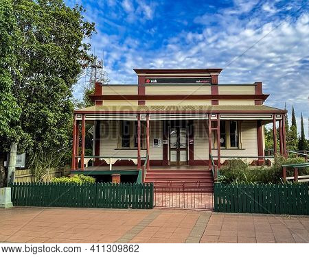 Childers, Australia - February 28, 2021: Facade Of The Former Bank Of North Queensland, Built In 190