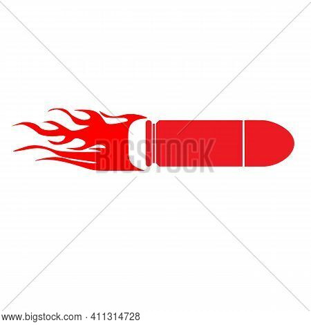 Moving Red Fiery Gun Bullet Shot Icon On White Background. Flying Bullet Sign. Bullet Symbol. Flat S