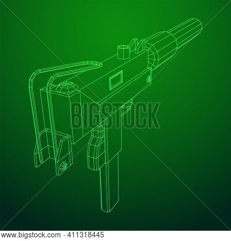 Submachine Gun Modern Firearms Pistol With Silencer. Wireframe Low Poly Mesh Vector Illustration.