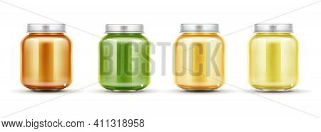 Baby Food Jars Set, Glass Puree Bottles With Cap Isolated On White Background Mock Up Design. Blank 
