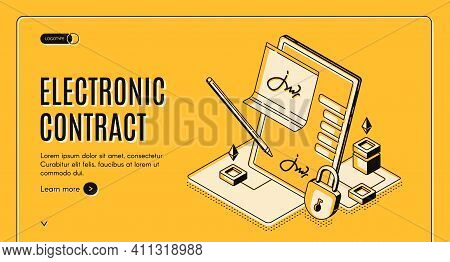 Electronic Contract Isometric Web Banner, E-signature On Document At Tablet Screen With Stylus Pen A