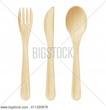 Wooden Cutlery, Disposable Fork, Spoon And Knife Isolated On White Background Bamboo Biodegradable T