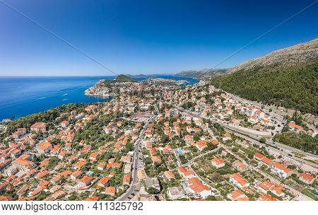Aerial Drone Shot Of Dubronik West New Town Near Lapad Peninsula In Croatia Summer Noon