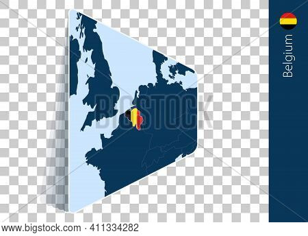 Belgium Map And Flag On Transparent Background. Highlighted Belgium On Blue Vector Map.