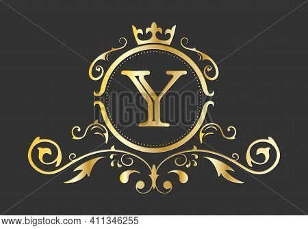 Golden Stylized Letter Y Of The Latin Alphabet. Monogram Template With Ornament And Crown For Design