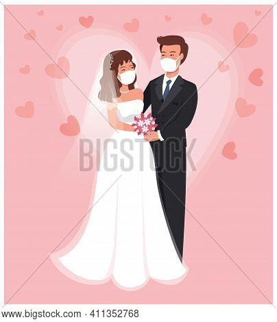 Wedding Quarantine. Groom And Bride Wearing Protective Face Mask On Wedding Day. Flat Vector Illustr