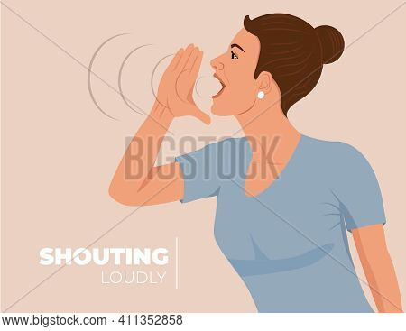 Shouting And Screaming Loud To Side With Hands Over Mouth. Communication. Lady Announces And Promote