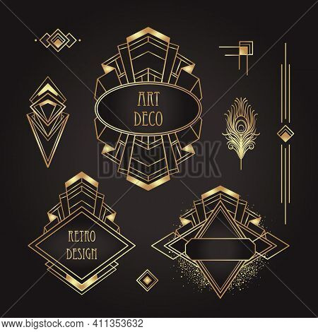 Art Deco Vintage Gold Patterns Over Black, Frames And Design Elements. Retro Party Geometric Backgro