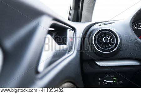 Ac Ventilation Deck In Luxury Modern Car Interior. Modern Car Black Leather Interior. Natural Carbon