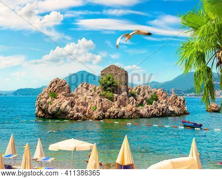 Picturesque Summer View Of Adriatic Seacoast In Budva Riviera. Przno