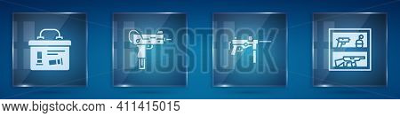 Set Military Ammunition Box, Uzi Submachine Gun, Submachine M3 And Hunting Shop Weapon. Square Glass