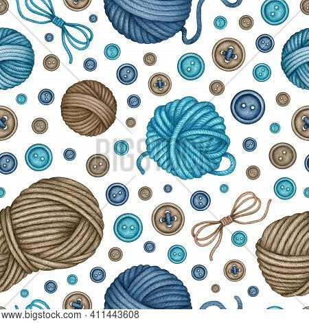 Watercolor Yarn Skeins Seamless Pattern. Turquoise Blue Brown Wool Threads Balls And Colorful Button