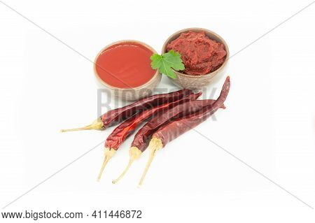 Traditional Turkish Chili Pepper Paste And Sauce In Dish With Dried Peppers Isolated On White Backgr