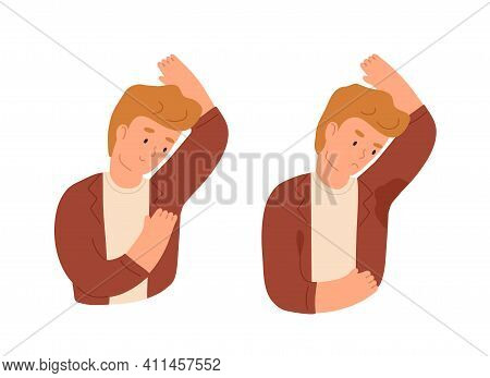 Man With Smelly And Sweaty Armpits And Sweat Odor. Person With Hyperhidrosis. Good And Bad Smell Fro
