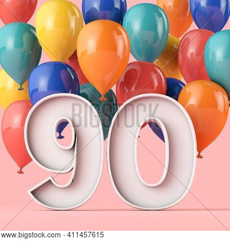 Happy 90th Birthday Background With Colourful Balloons. 3d Rendering
