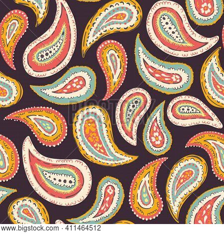 Hand-drawn Artistic Colorful Paisley Vector Seamless Pattern. Boho Traditional Ethnic Fashion Shawl 