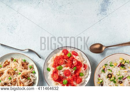 Konjac Pasta With Various Vegetable Toppings, Shot From The Top With Copy Space, Low-calorie Vegan D