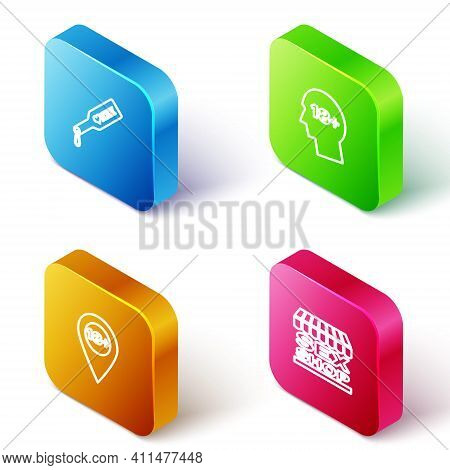 Set Isometric Line Spanking Paddle, Head With 18 Plus, Location And Sex Shop Building Icon. Vector