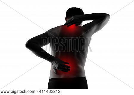 Pain In The Male Body, Man With Back Ache, Sciatica And Scoliosis Isolated On White Background, Chir