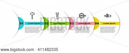 Set Line Road Traffic Sign, Flashlight, Trap Hunting And Sniper Optical Sight. Business Infographic 