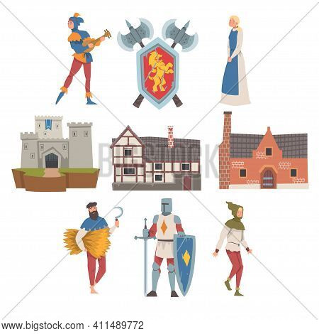 Middle Ages With Medieval People Characters, Coat Of Arms And Fortress Vector Illustration Set
