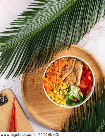 Vegan Poke Bowl Raw Salad, Heura Soy Protein, Vegan Chicken With Variety Vegetables, Served In Bowl 