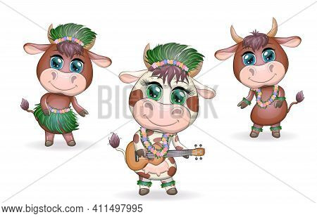 Tropical New Year 2021, Celebration. Group Of Cows And Bulls As Hula Dancers With Acoustic Ukulele G