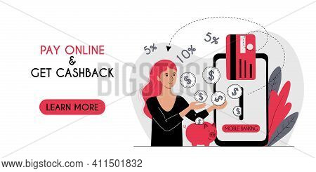 Online Payment And Receiving Cashback For Purchases In Mobile Banking Concept. Horizontal Banner Hea