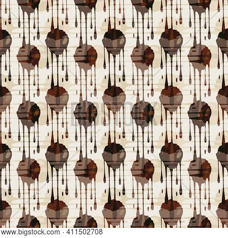 Dripping Chocolate Vector Seamless Pattern Grid Background. Brown Cream White Backdrop Of Overlappin