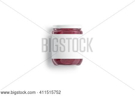 Blank Glass Jar With White Label And Berry Jam Mockup, 3d Rendering. Empty Fruit Pozzy In Preserve C