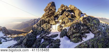 Snow Landscape In The High Mountains, Aerial View Of Madrid Province From The Top Of The Rocky Mount