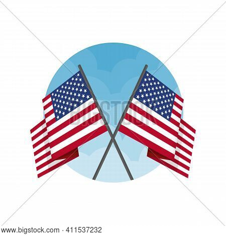 Two Crossed United States Usa National Flag On Isolated White Background. Waving American Flag In Fl