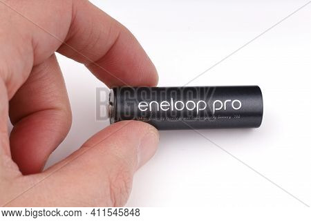 Lviv, Ukraine - May 12, 2020: Eneloop Pro Aa Rechargeable Batteries In Hand
