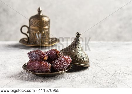 Hurma, Dates. Presentation Of Dried Dates Fruit With Turkish Coffee.  Popular Fruit Of Ramadan.